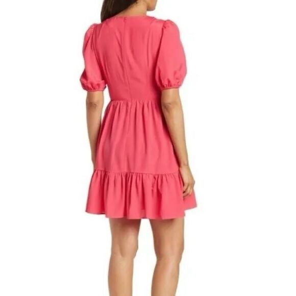 Eliza J Women 10 Hot Pink Surplice Neck Puff Sleeve Fit Flare Mini Dress Pockets - Picture 6 of 13